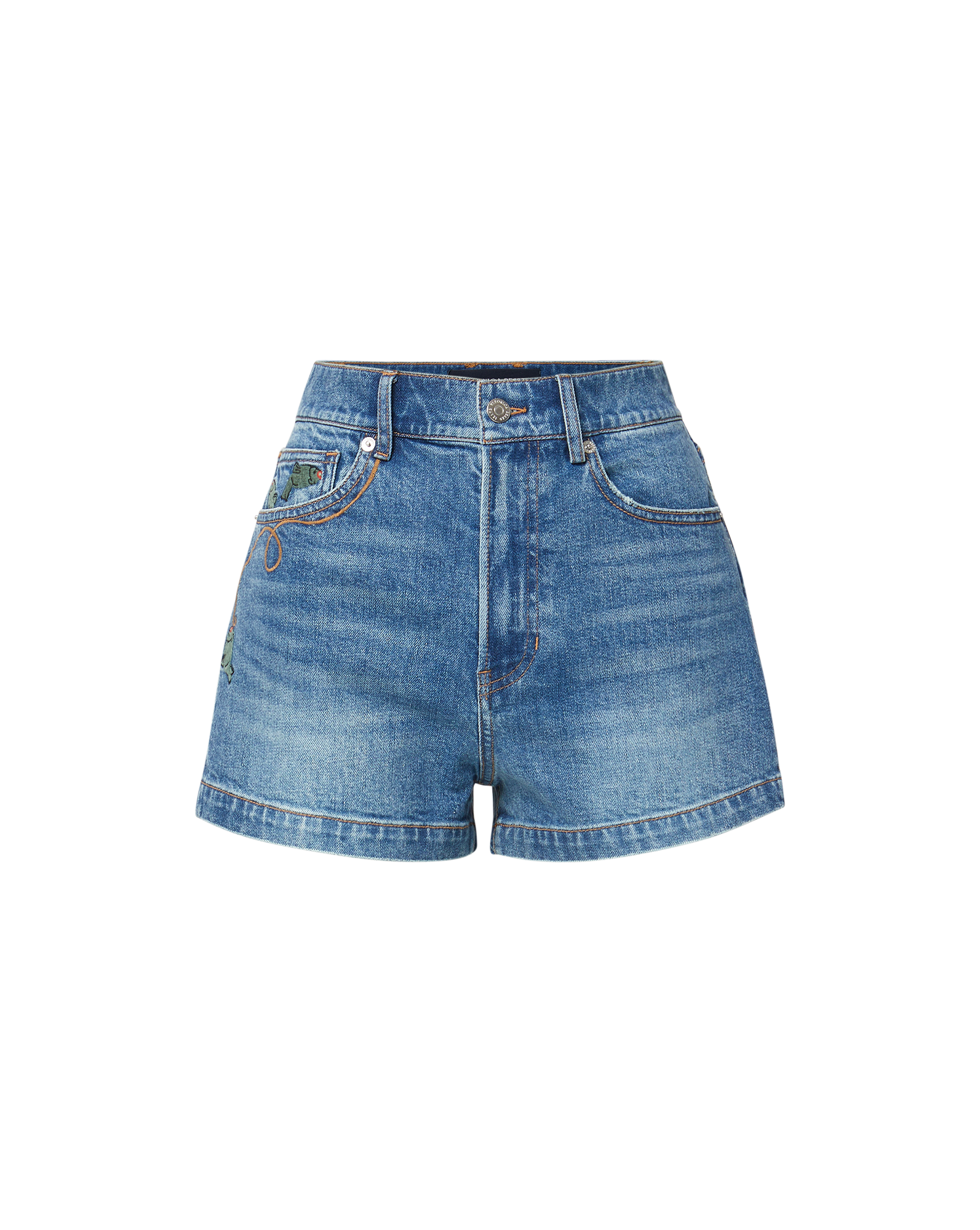 Veronica Beard White crewneck t-shirt and blue denim shorts.