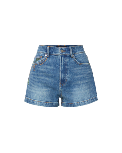 Veronica Beard White crewneck t-shirt and blue denim shorts.