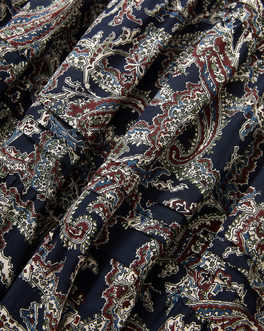Veronica Beard Navy blue paisley print cotton skirt with gathered tiers.