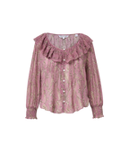 Veronica Beard Pink floral blouse with ruffled collar and shirred cuffs.