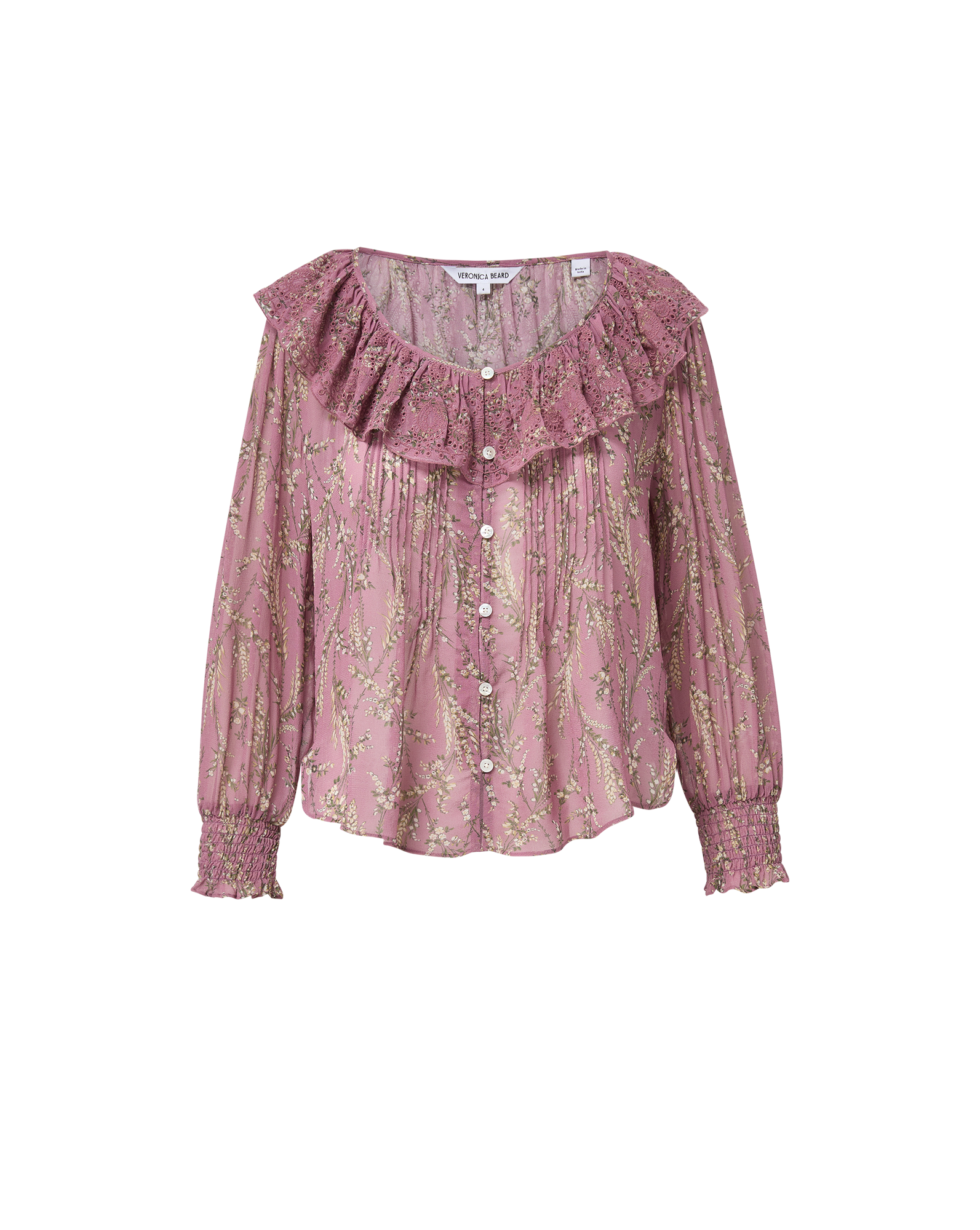 Veronica Beard Pink floral blouse with ruffled collar and shirred cuffs.