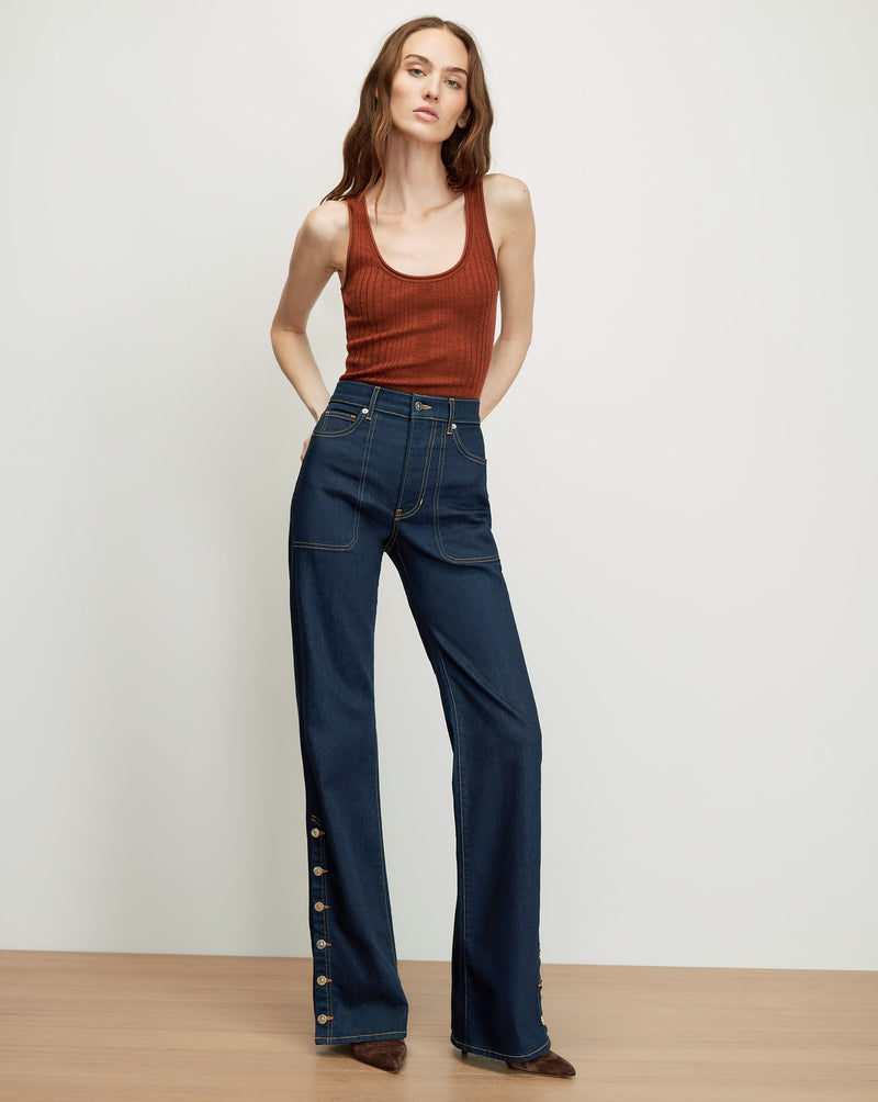 Veronica Beard Brown ribbed tank top, dark wash wide-leg jeans