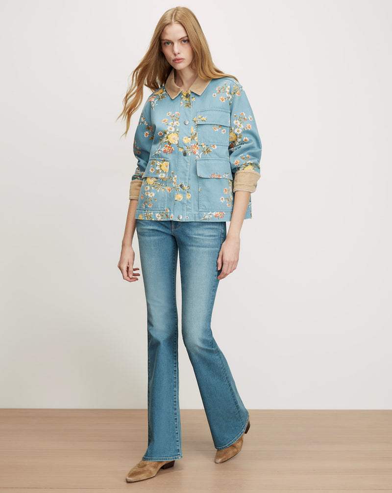 Veronica Beard Blue floral denim jacket, tan collar, and flared