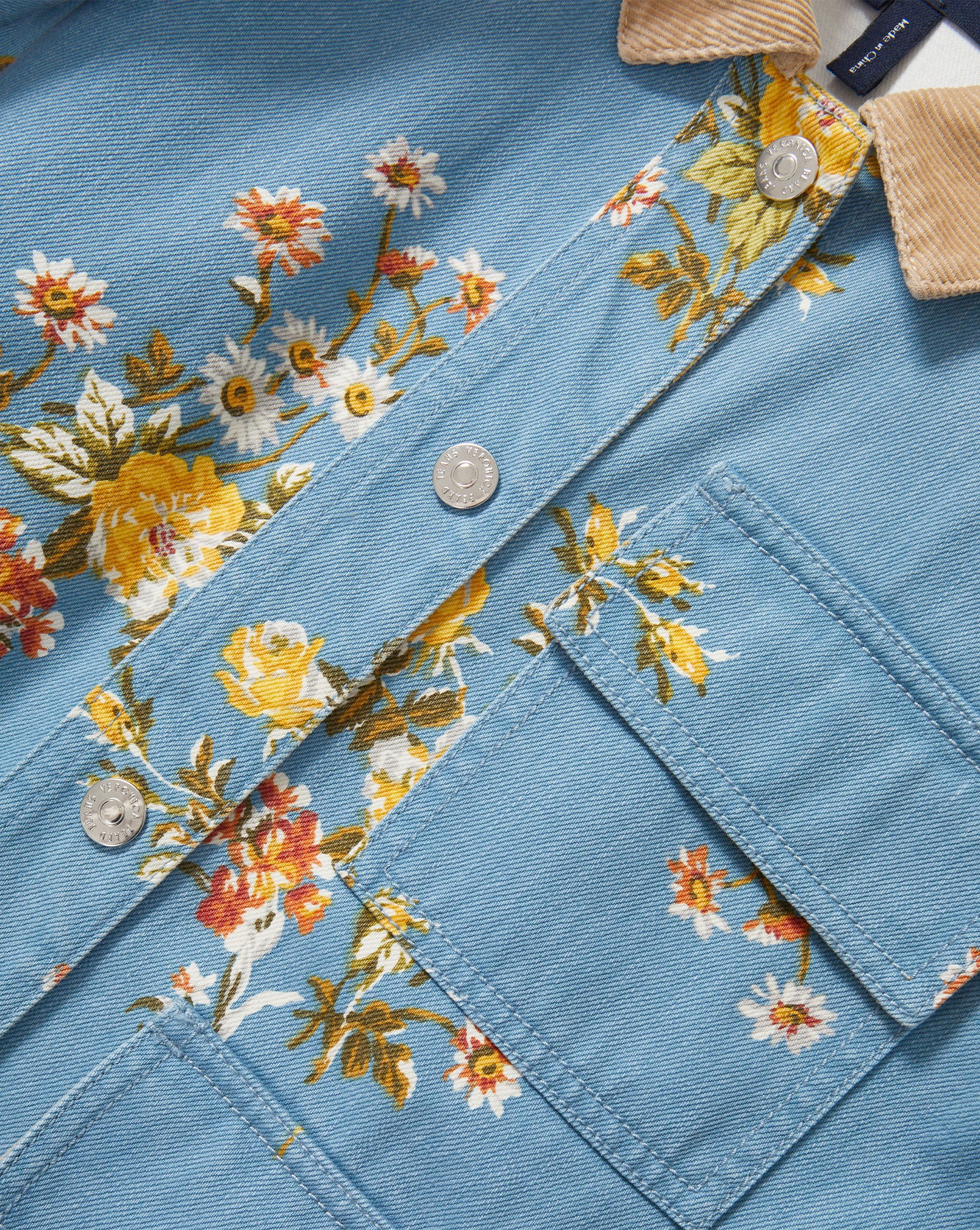 Veronica Beard Blue floral denim jacket, tan collar