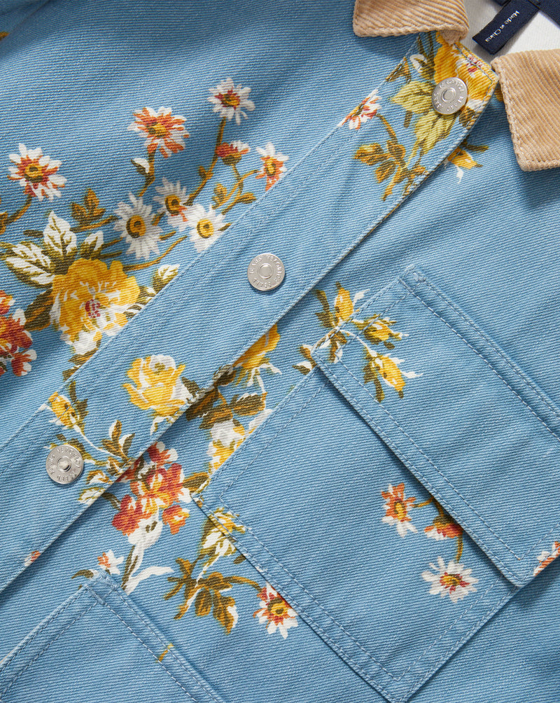Veronica Beard Blue floral denim jacket, tan collar