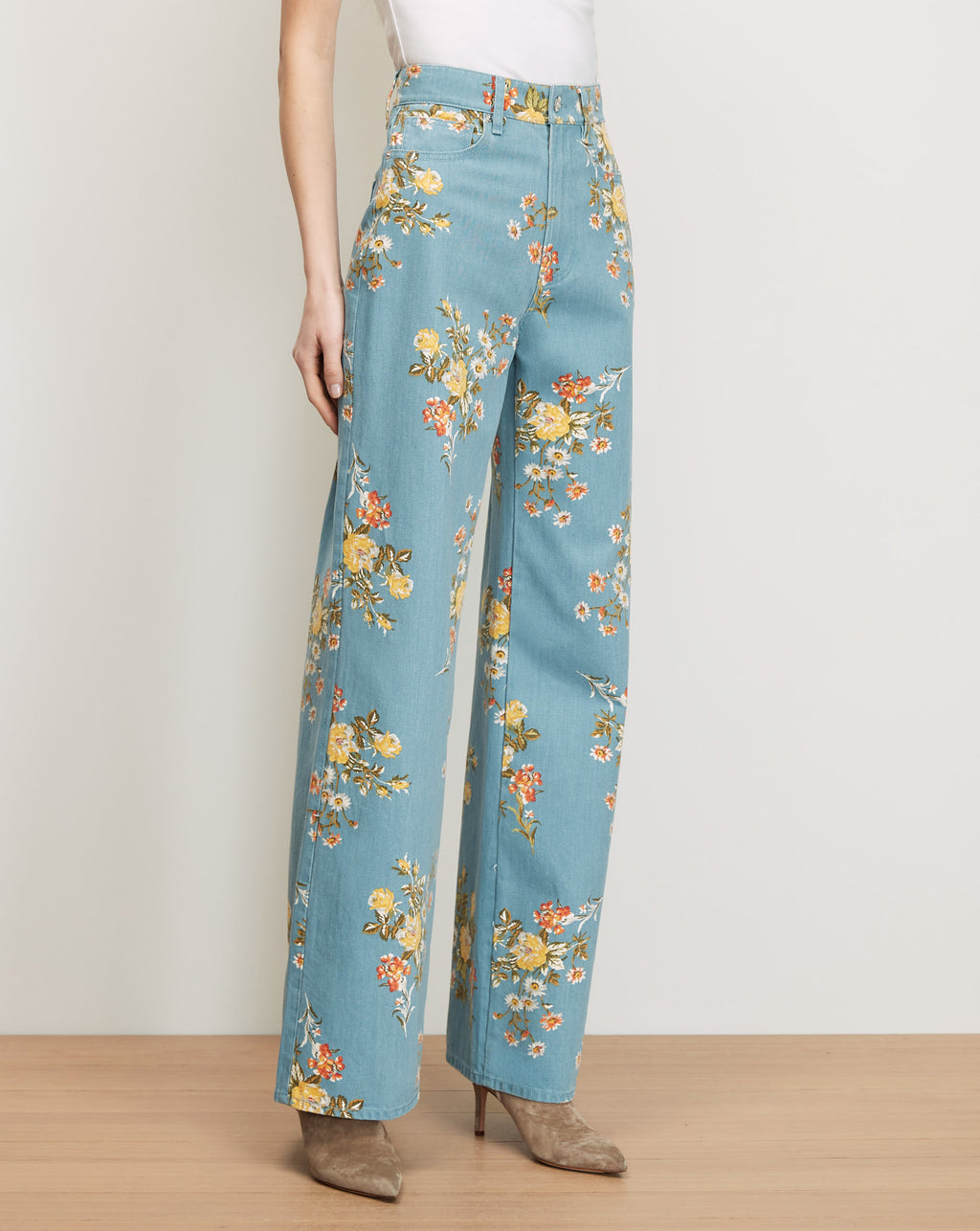 Veronica Beard Blue floral wide-leg jeans.