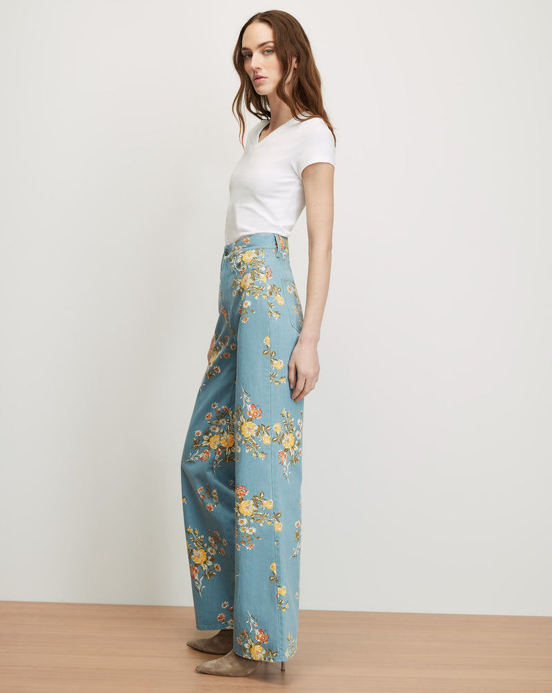 Veronica Beard Blue floral wide-leg jeans with yellow and orange