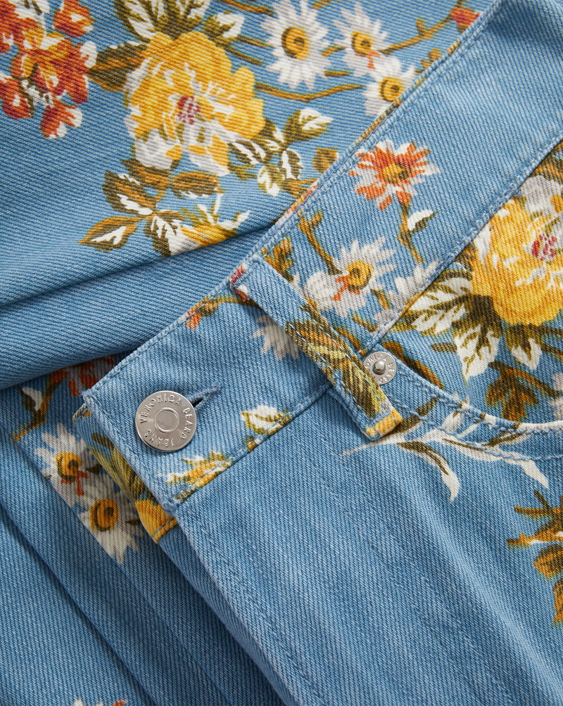 Veronica Beard Blue floral denim jacket and matching flared jeans.