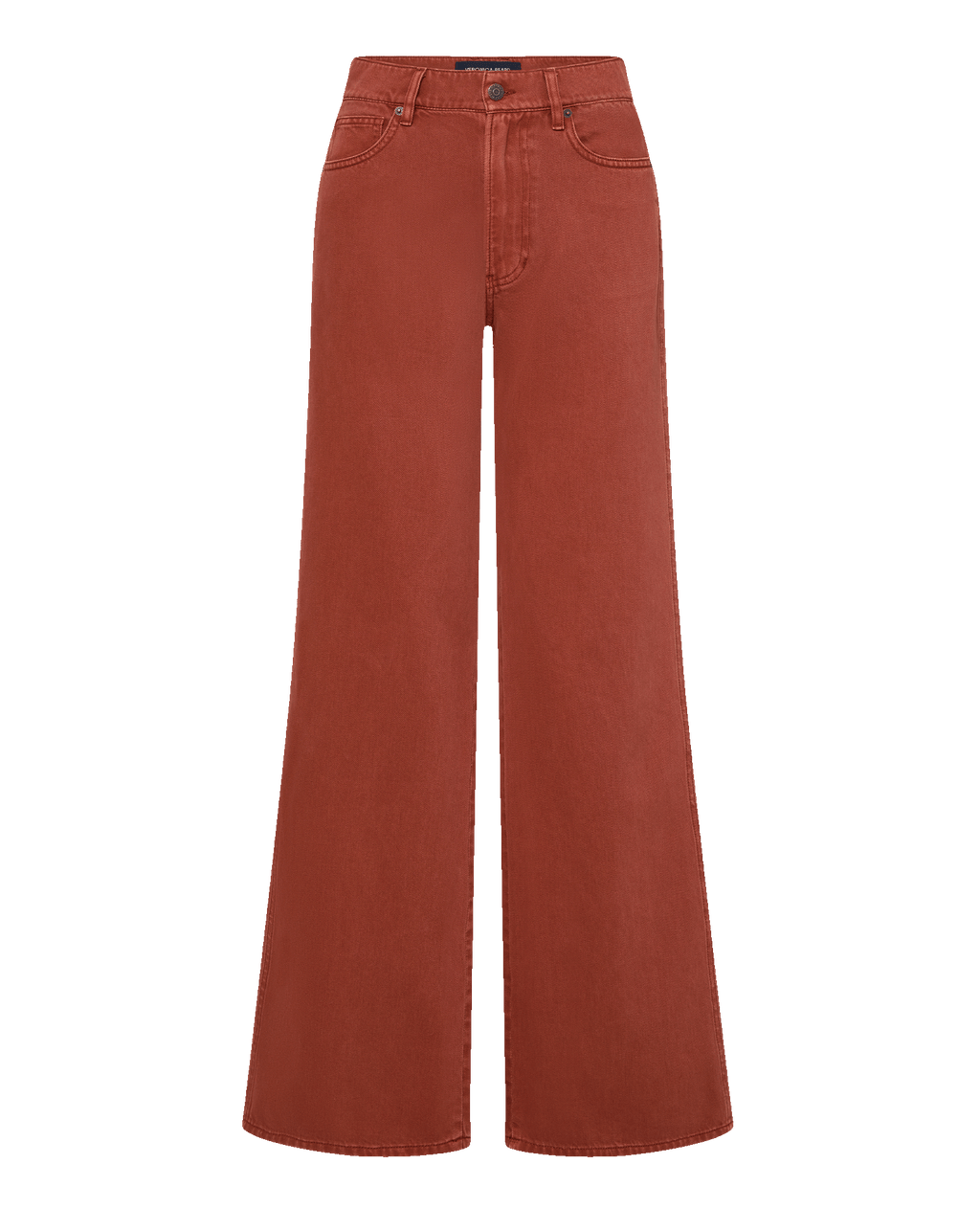 Veronica Beard Brown ribbed tank top, rust wide-leg jeans, and