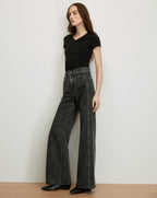 Veronica Beard Black v-neck t-shirt and dark gray wide-leg jeans