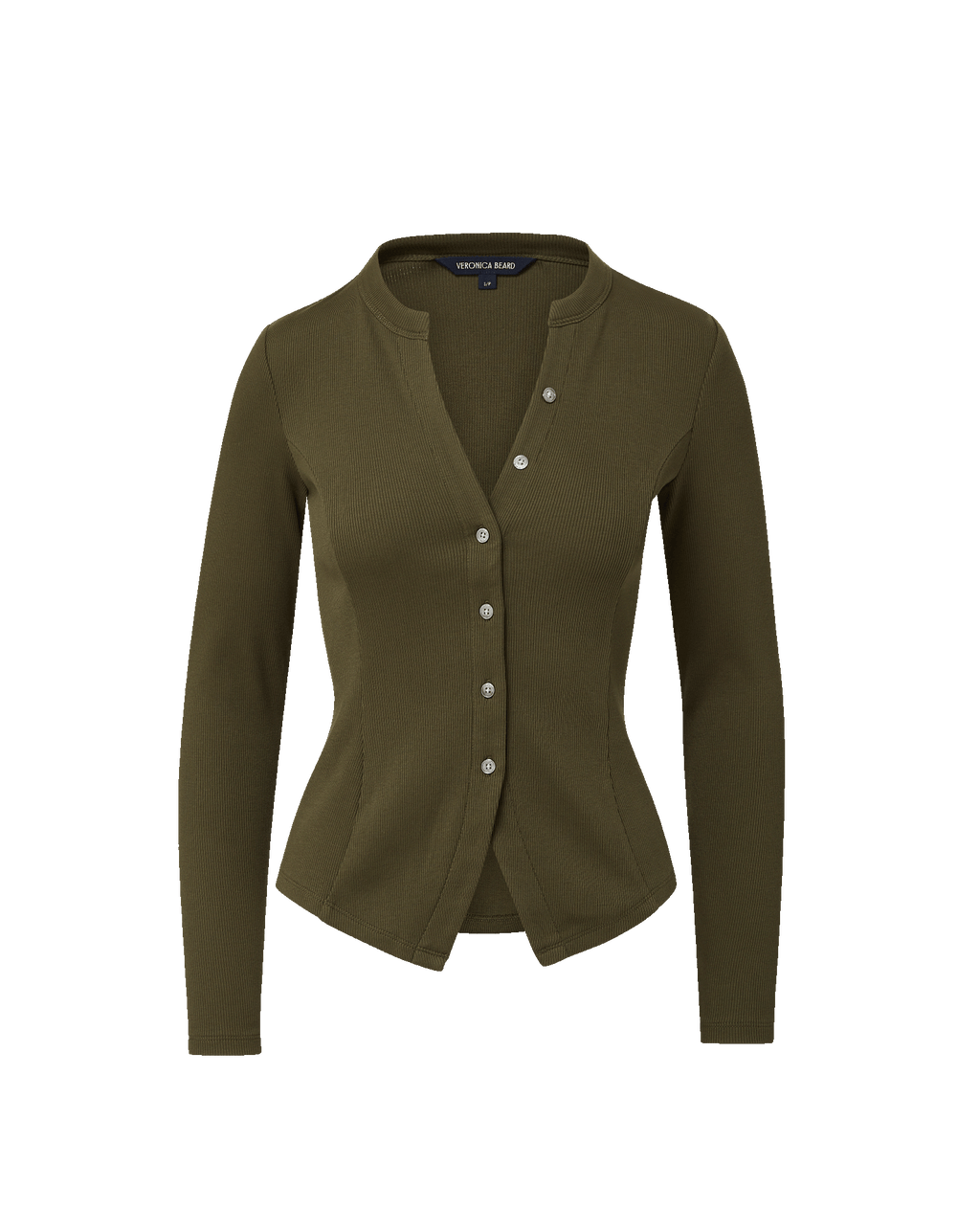 Veronica Beard Olive green ribbed knit cardigan, blue flared jeans.