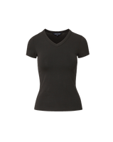 Veronica Beard Black t-shirt and dark gray wide-leg jeans with