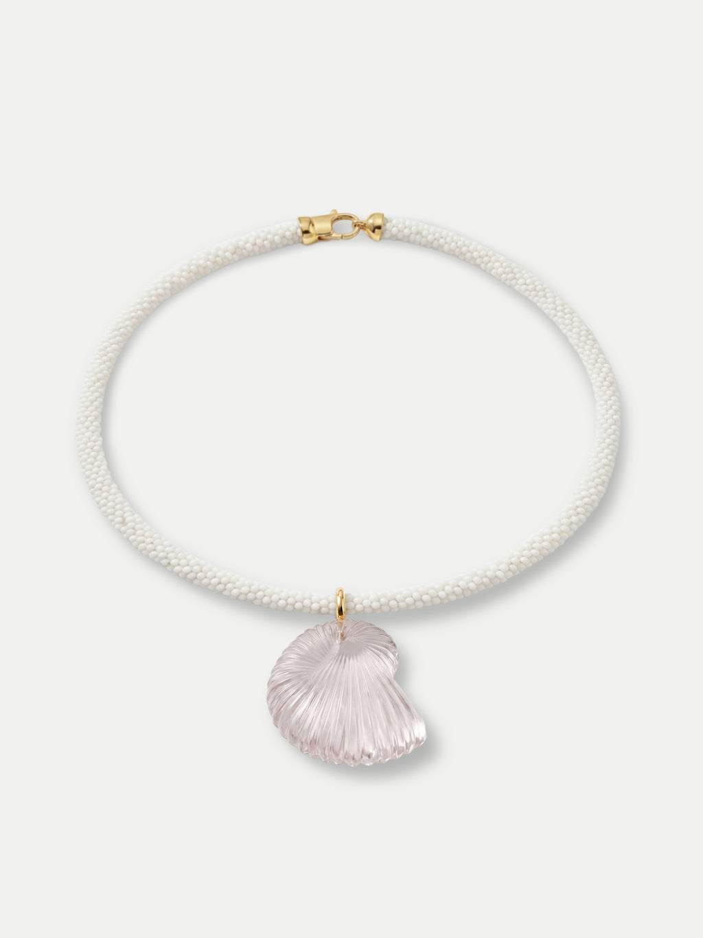 Veronica Beard White beaded necklace with a pink shell pendant.