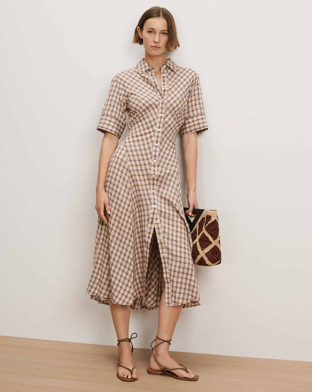 Veronica Beard Beige plaid midi shirt dress with short sleeves.