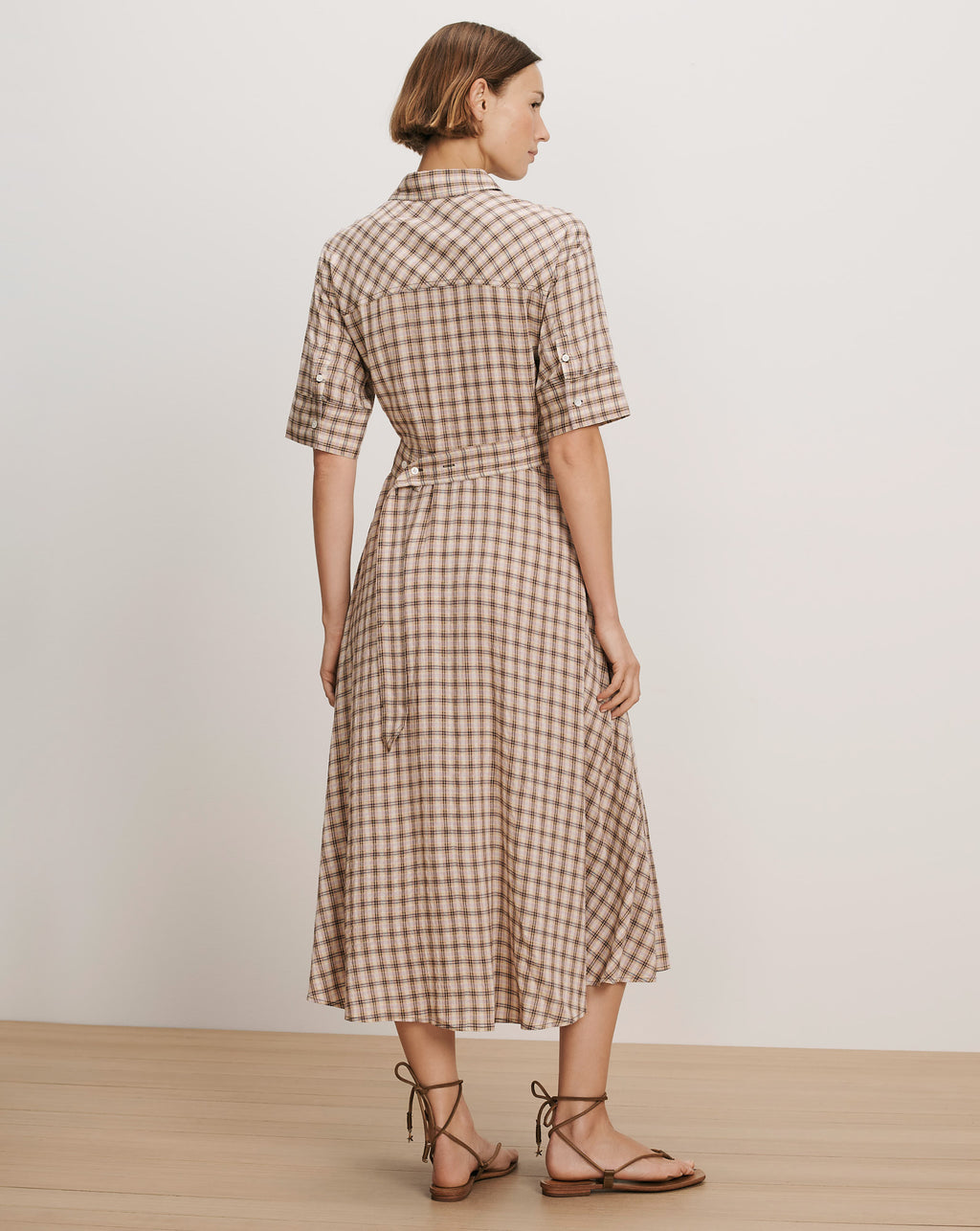 Veronica Beard Beige plaid midi shirt dress with short sleeves
