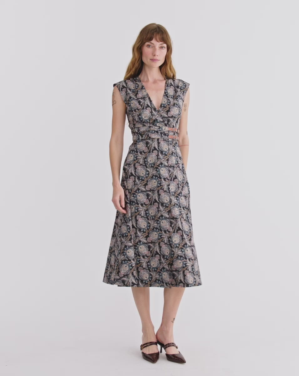 Veronica Beard Nilsen Belted Midi Dress - Black Multi