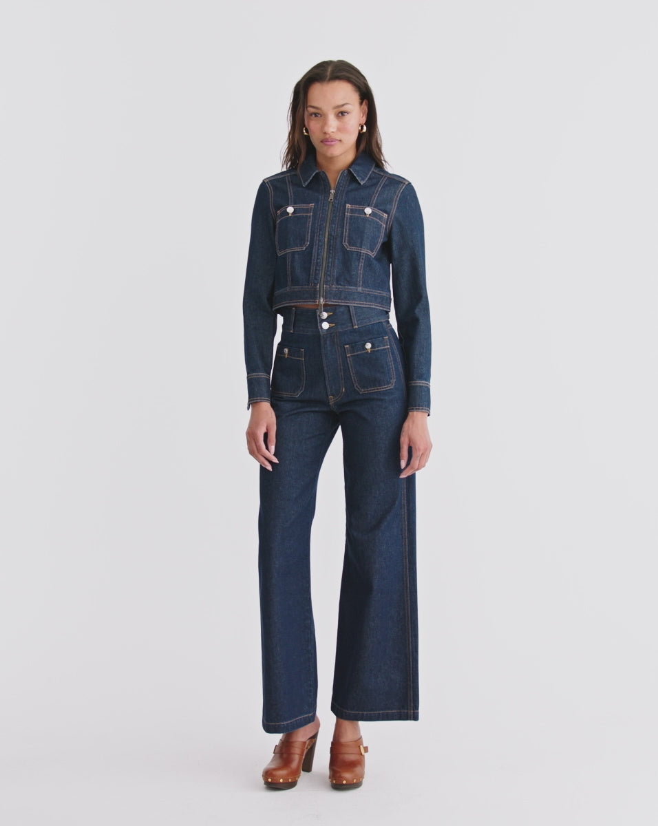 Veronica Beard Taylor Patch-Pocket Wide-Leg Jean - Indigo Rinse