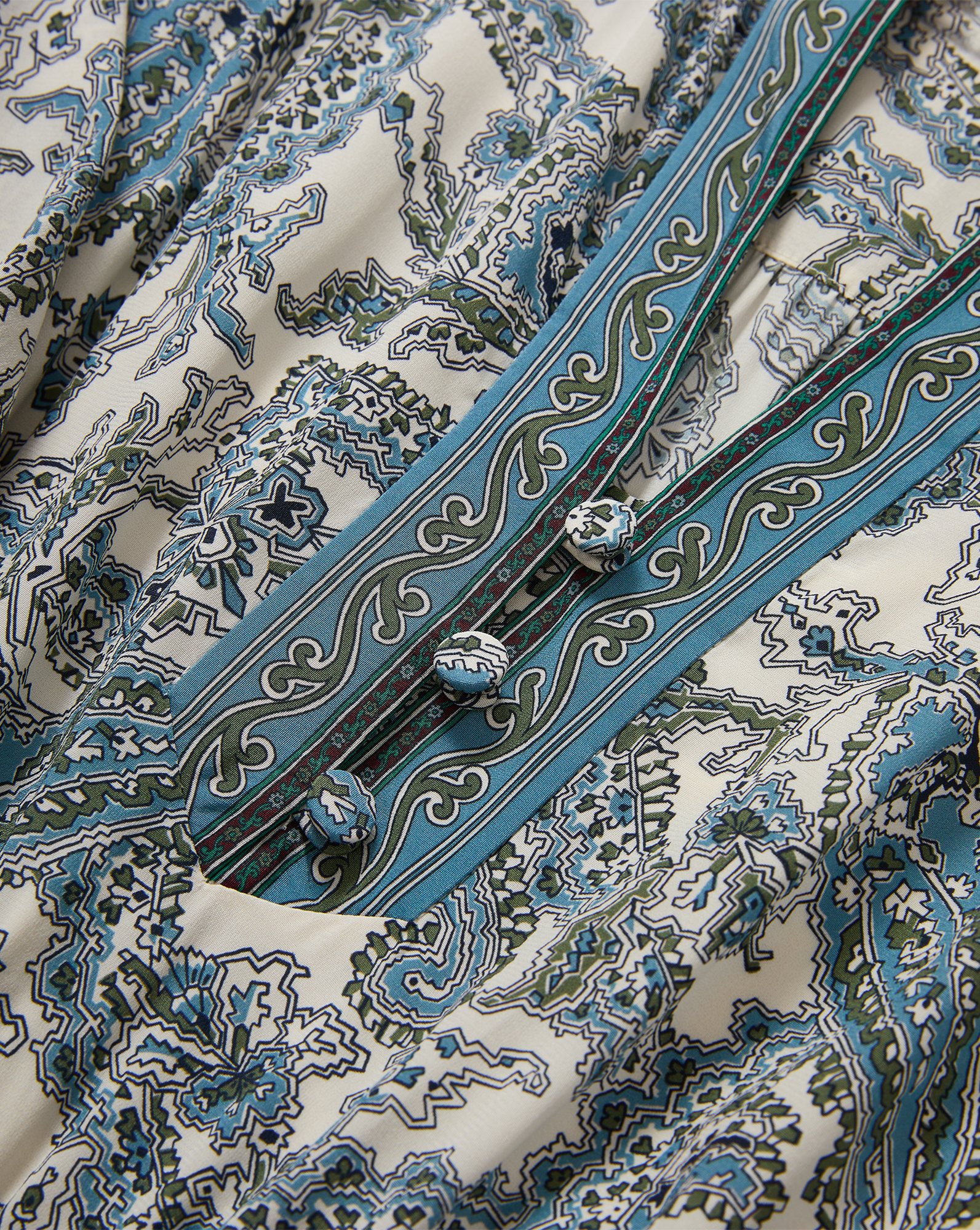 Veronica Beard White and blue paisley print dress with button placket.
