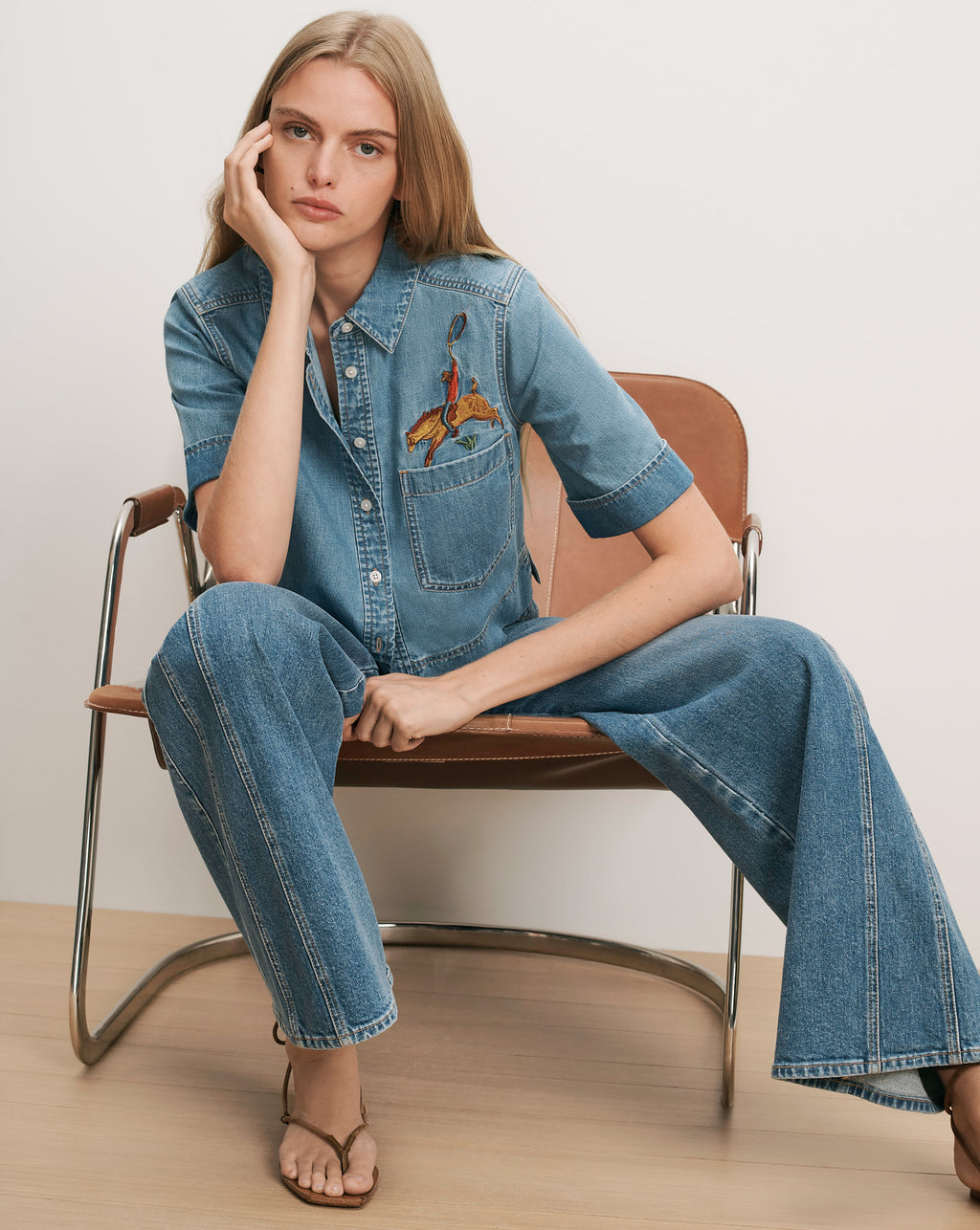 Veronica Beard Blue denim short-sleeve shirt and wide-leg pants with