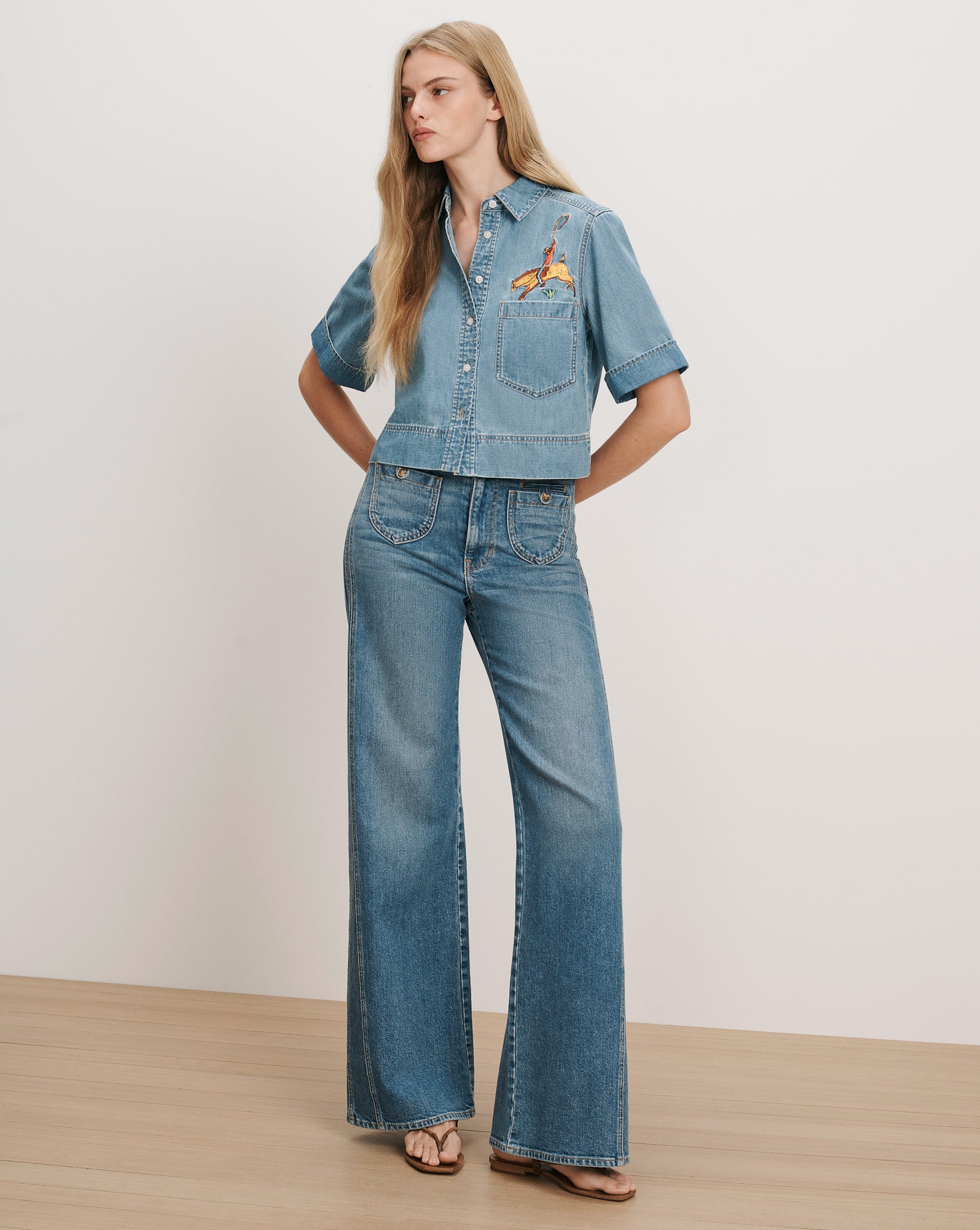 Veronica Beard Blue denim short-sleeve button-up shirt with embroidery and