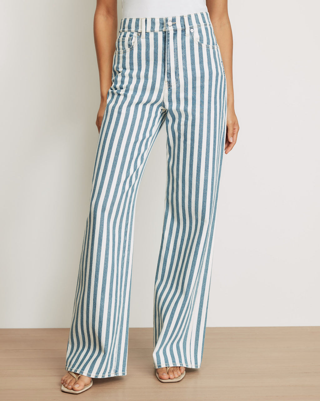 Veronica Beard Blue and white striped wide-leg jeans.