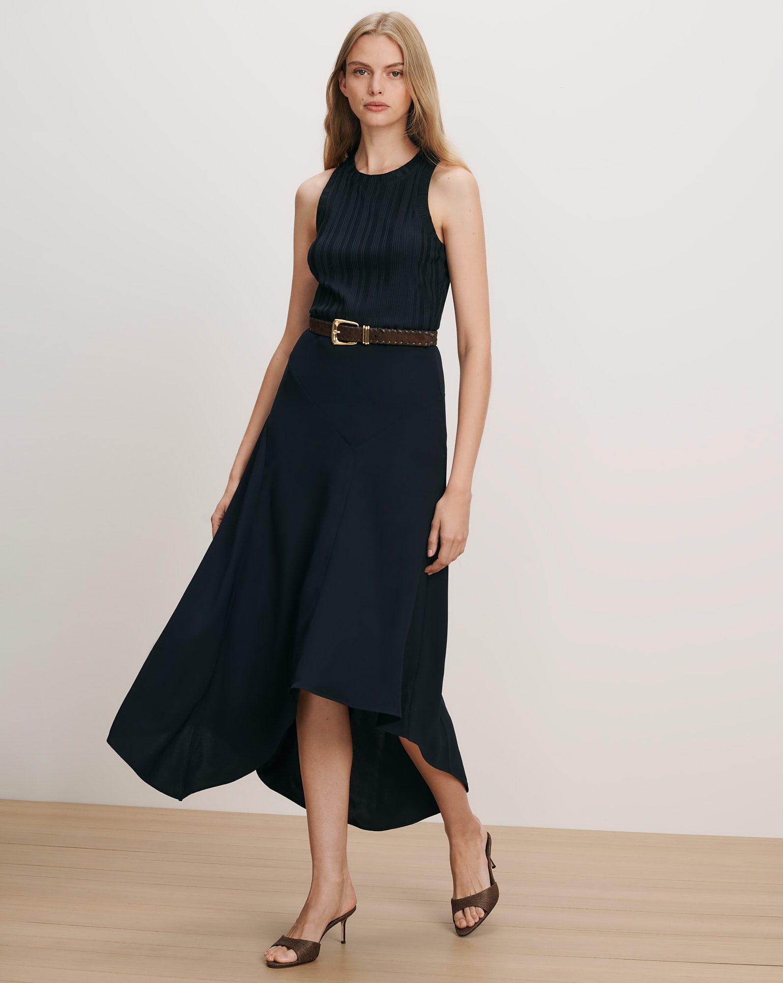 Veronica Beard Navy sleeveless pleated midi dress with a high-low