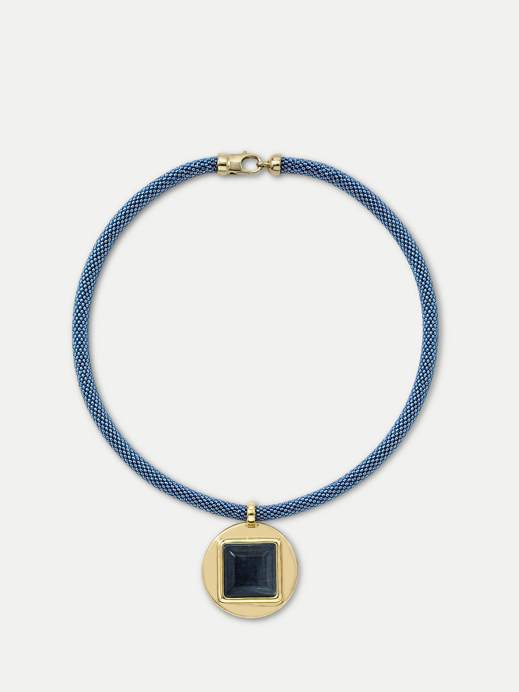 Veronica Beard Blue mesh necklace with gold square pendant and