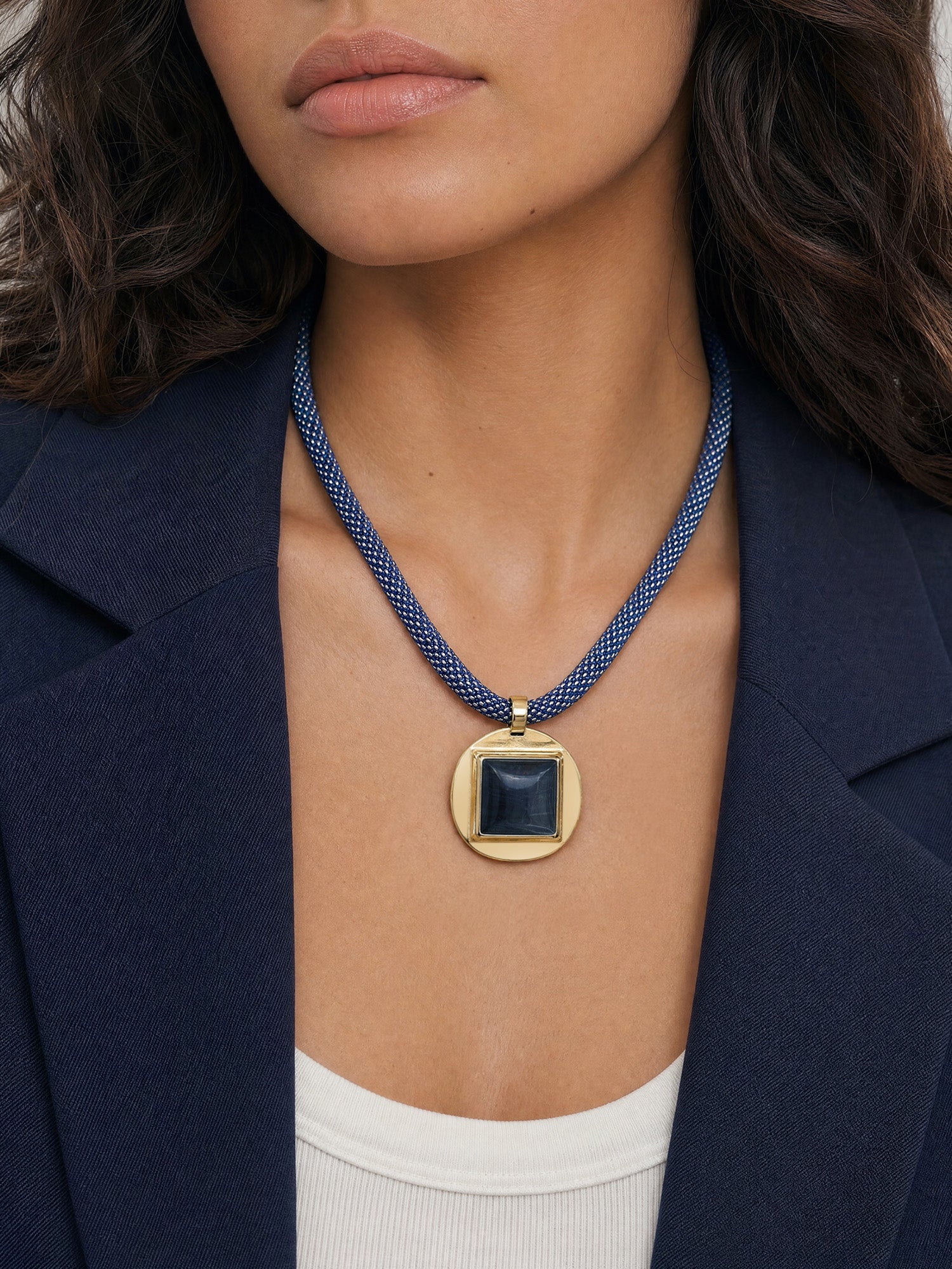 Veronica Beard Blue braided necklace with a gold square pendant