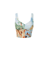 Veronica Beard Printed crop top and off-white wide-leg pants.