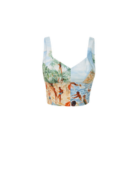 Veronica Beard Printed crop top and off-white wide-leg pants.