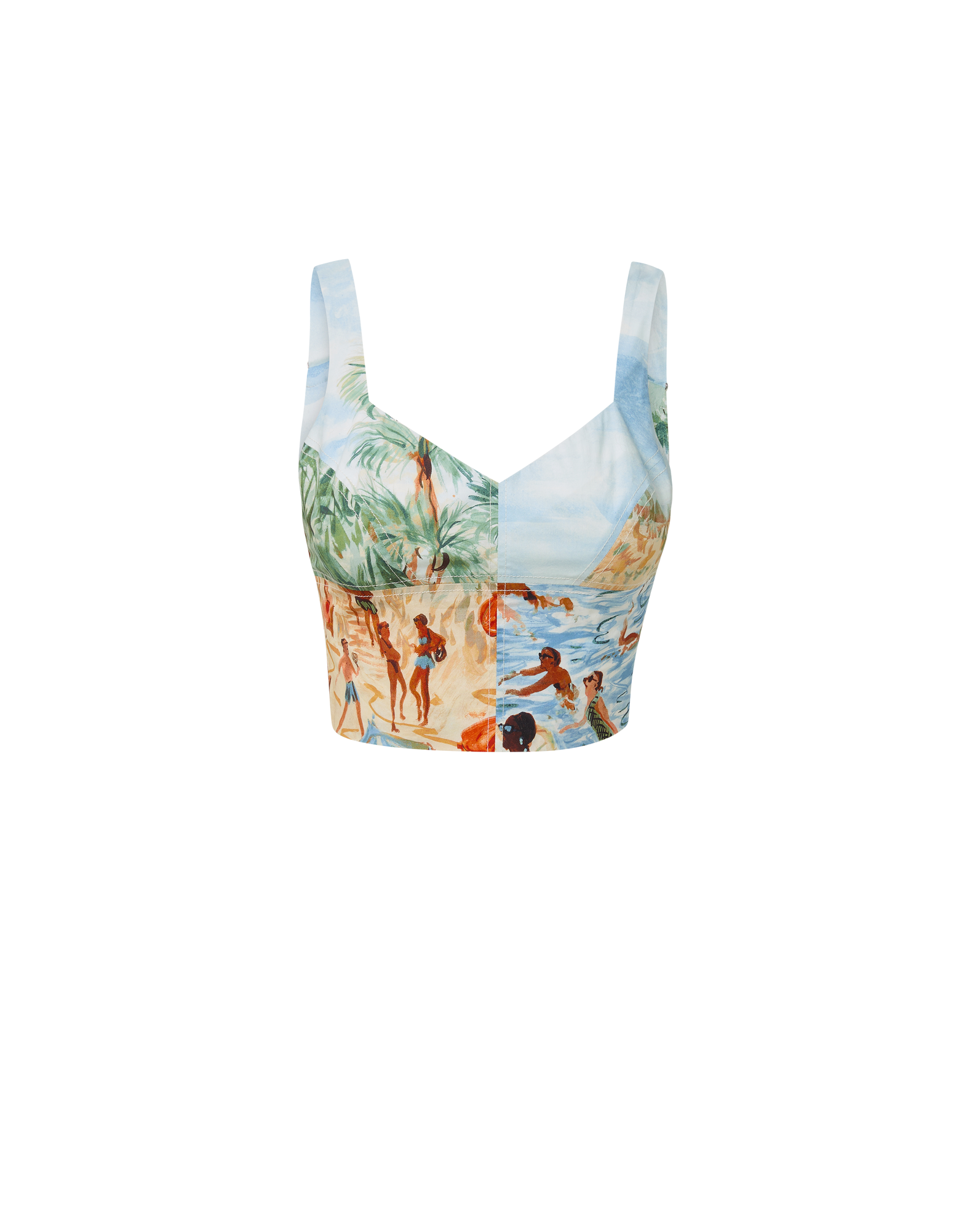 Veronica Beard Printed crop top and off-white wide-leg pants.