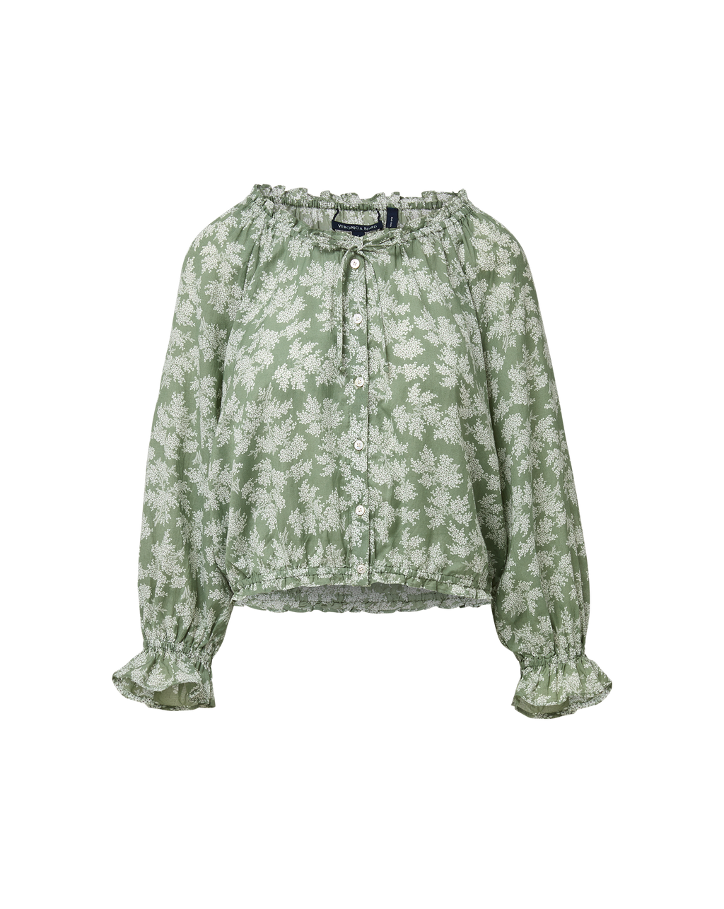 Veronica Beard Green floral off-the-shoulder blouse with ruffled cuffs.