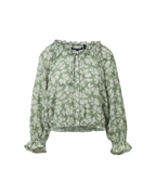 Veronica Beard Green floral off-the-shoulder blouse with ruffled cuffs.